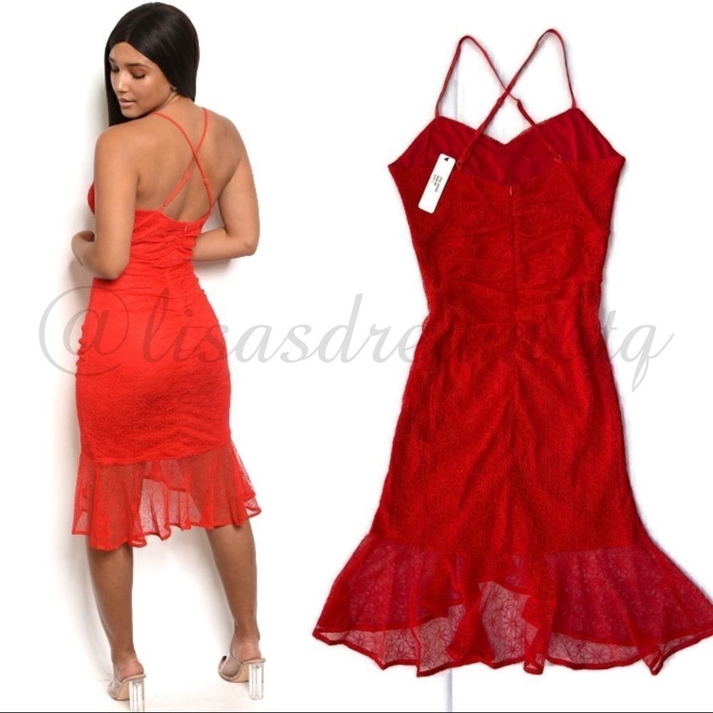 Red Ruched Appliquéd Strappy Vneck Dress with Criss Cross Back